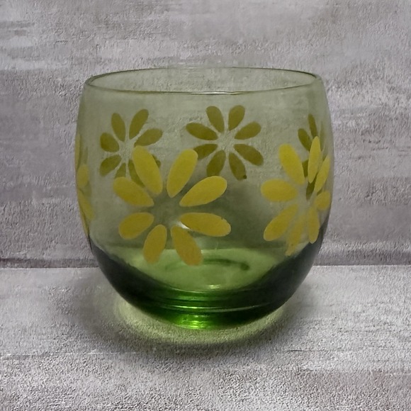 Other - Vintage Green Yellow Flower Roly‎ Poly Drinking Glass Cup 5" Retro 60s MCM